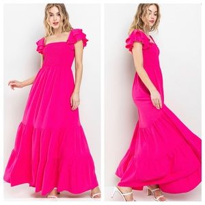 Boho Solid Flared Sleeve Long Tiered Dress